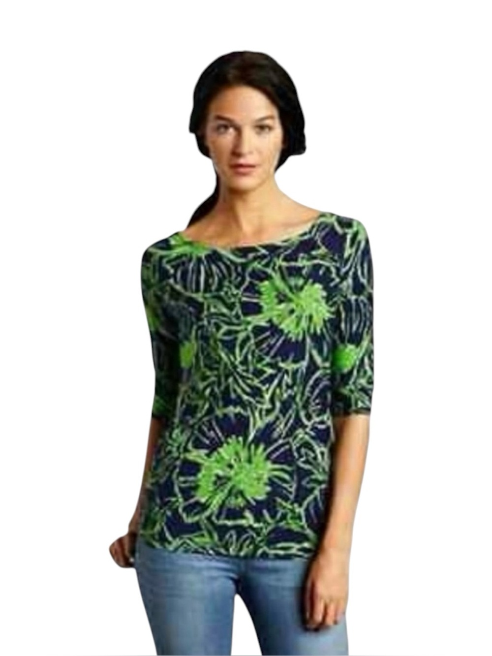 Lilly Pulitzer 100% Cotton Cassie 3/4 Sleeve Floral Green & Blue Women's Top Sma